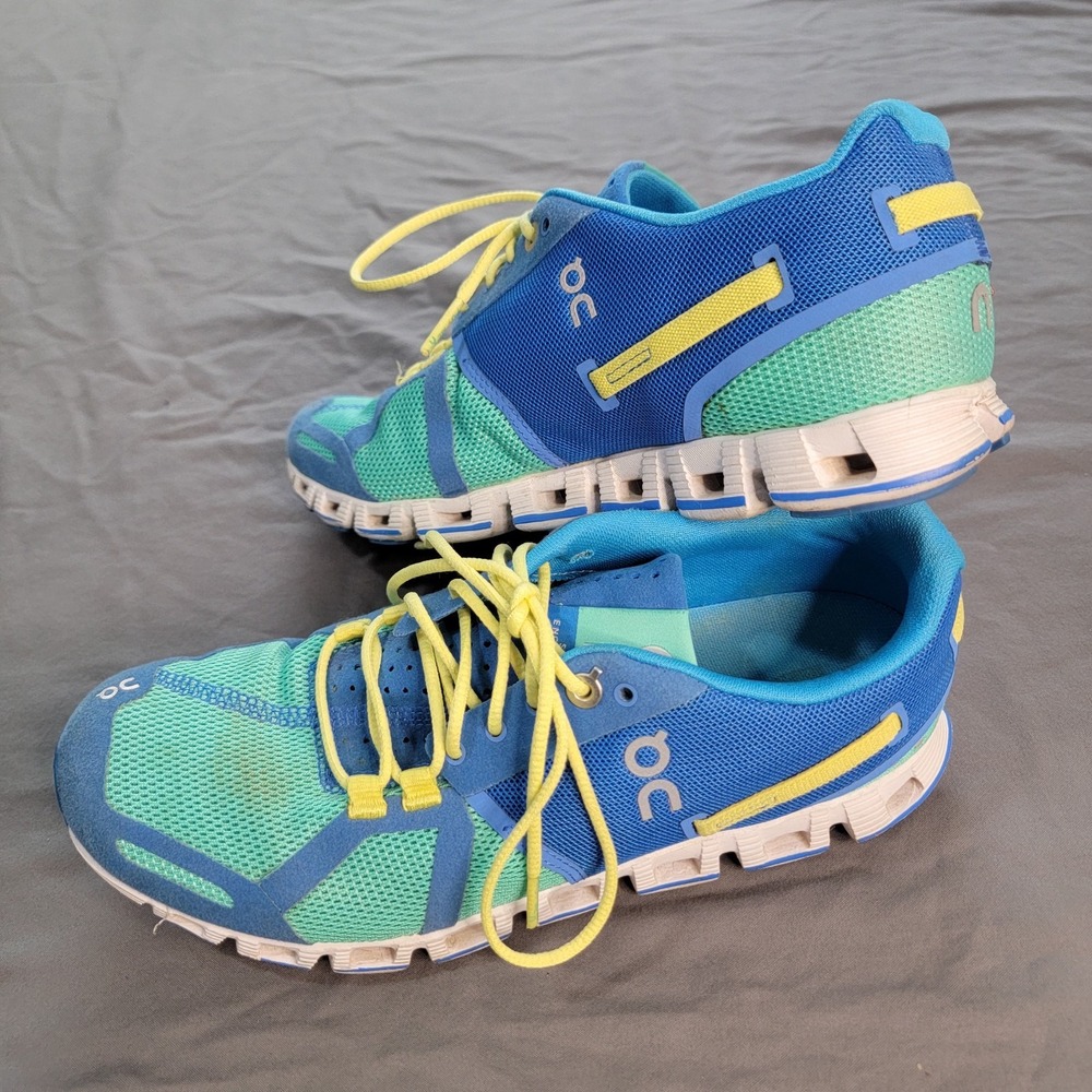 On Cloudflyer Running Shoes Women 7.5 Blue Yellow Lightweight CloudTec Sneakers